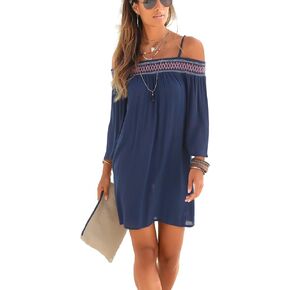 LASCANA Embroidered Carmen Dress Navy Blue Short Length Casual Clothing Women's Boho Spaghetti Straps