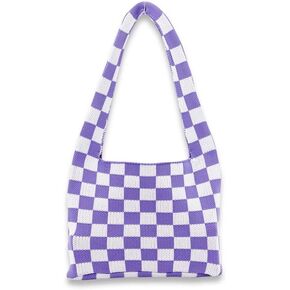 Checkered Tote Bag, Stylish Knitted Tote Bag with Chessboard Pattern, Shoulder Bag for Women