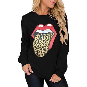 Sexyshine Women's Casual Long Sleeve Red Lips Leopard Print Crew Neck Loose Pullover Sweatshirt Tops