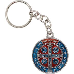 Large Saint Benedict Medal Keychain | Blue and Red Resin Details | Silver-Tone Metal | Great Catholic Gift | Patron Saint of Students