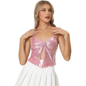 Allegra K Halter Backless Top for Women's Party Spaghetti Straps Asymmetrical Glitter Metallic Camisole
