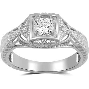 Jewelili Sterling Silver 5 MM Round Cubic Zirconia Vintage Wedding Engagement Ring