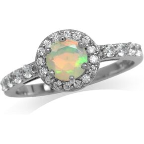 Silvershake Round Gemstone White Gold Plated 925 Sterling Silver Halo Engagement Promise Ring Jewelry for Women