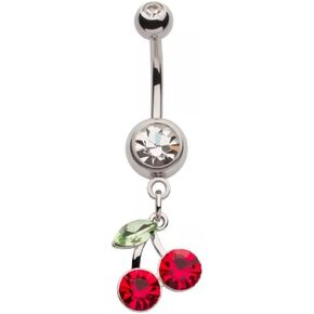 Pierced Owl 14GA 316L Stainless Steel CZ Crystal Red Cherry Dangling Belly Button Ring