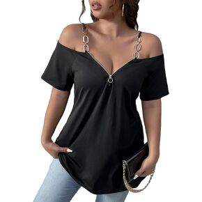 Floerns Women's Plus Size Cold Shoulder Chain Detail Zip Up Casual Tee Shirt