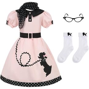 زي yolsun للفتيات باللون الوردي في فترة الخمسينيات مع وشاح مطبوع عليه نقاط بولكا in Kuwait