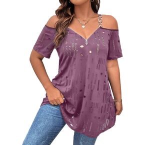 Floerns Women's Plus Size Cold Shoulder Chain Detail Zip Up Casual Tee Shirt in Kuwait