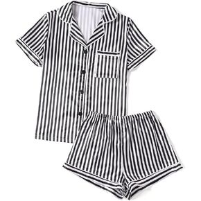 LYANER Women's Striped Silky Satin Pajamas Short Sleeve Top with Shorts Sleepwear PJ Set Black X-Large