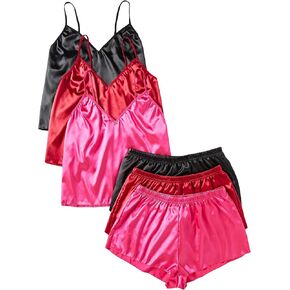 WDIRARA Women's Plus Size 3 Pack Sleepwear V Neck Sleeveless Cami Top and Shorts Satin Pajama Set