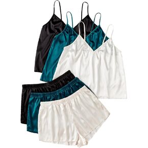 WDIRARA Women's Plus Size 3 Pack Sleepwear V Neck Sleeveless Cami Top and Shorts Satin Pajama Set