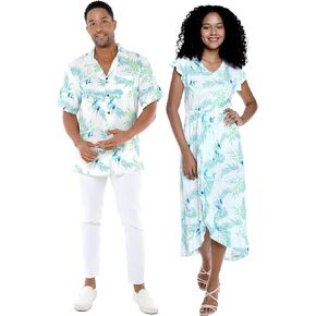 Matchable Couple Hawaiian Luau Shirt or Wrap Ruffle Dress in Orchid Breeze White
