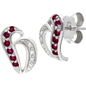 White Gold 10K Earring with Real Emerald, Real Ruby with Diamond Accent Contemporary Harp Design for Women May Birthstone