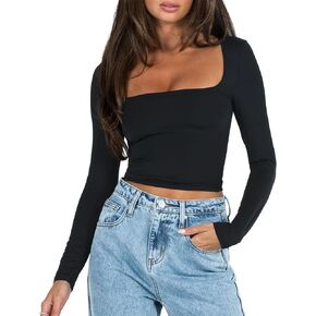 Women's Slim Fit Going Out Crop Tops Casual Solid Color Square Neck Long Sleeve Tight Tee Shirt Basic Streetwear