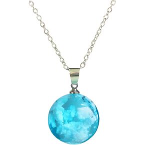 Transparent Luminous Necklace Round Ball Pendant Resin Necklace Glow in the Dark Crescent Moon Necklace Blue Sky White Cloud and Flying Bird Necklace Jewelry for Girls Women