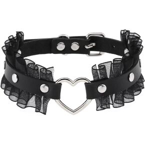 FM FM42 Multicolor PU Simulated Leather Silvert-Tone Rivets Love Heart Ring Lace Collar Choker Necklace