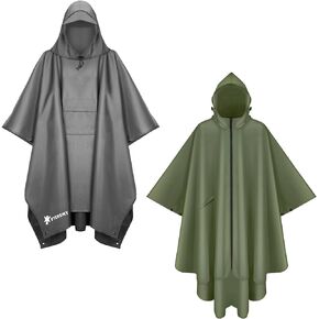 PTEROMY Hooded Rain Poncho with Pocket(Grey)+Hooded Rain Poncho with Pocket and Zipper(Green)