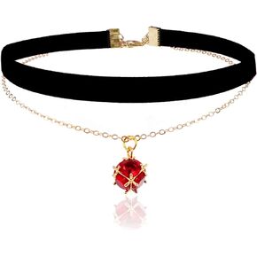 Elegant Black Velvet Choker Necklace with Red Gem Pendant and Gold Chain - Luxurious Fashion Accessory for Women