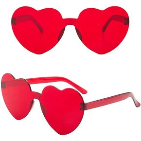Dzrige Valentines Heart Shape Sunglasses Red Color Rimless Love Heart Eyewear Cute Heart Glasses for Women Girl Party Favor, 2 Pieces