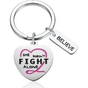 She Doesn’t Fight Alone Keychain Believe Keyring Love Shape Pendant Etched Key Chain GIfts for Women Breast Cancer Fighter Gift in Kuwait