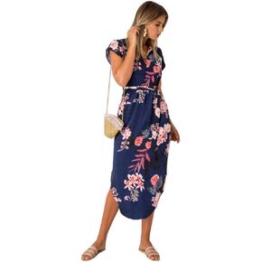 LitBud Womens Midi Dresses Summer V-Neck Short Sleeve Casual Office Geometric Belted Dress