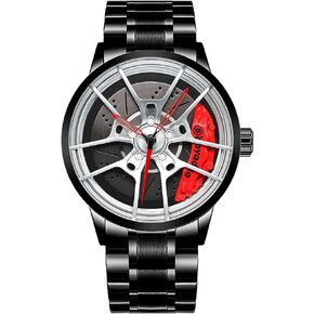 Car Wheel Watches,Waterproof Stainless Steel Japanese Quartz Wrist Watch Sports Men’s Watches with Car Wheel Rim Hub Design for Car Enthusiast