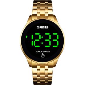 Touch Screen Digital LED Watch Green Highlight Backlight Stainless Steel WatchBand Waterproof Casual Sport Mens Womens Boys Watch