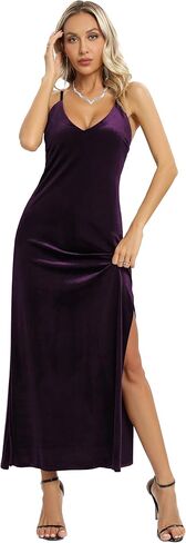 Aigeman Women's Spaghetti Straps Backless Velvet Maxi Dress Elegant Deep V Neck Side Slit Velvet Cocktail Bodycon Dress A040 in Saudi Arabia