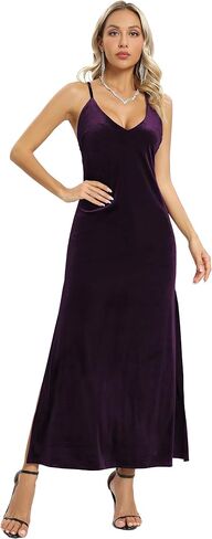 Aigeman Women's Spaghetti Straps Backless Velvet Maxi Dress Elegant Deep V Neck Side Slit Velvet Cocktail Bodycon Dress A040 in Saudi Arabia