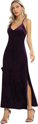 Aigeman Women's Spaghetti Straps Backless Velvet Maxi Dress Elegant Deep V Neck Side Slit Velvet Cocktail Bodycon Dress A040 in Saudi Arabia