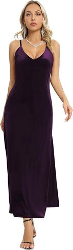Aigeman Women's Spaghetti Straps Backless Velvet Maxi Dress Elegant Deep V Neck Side Slit Velvet Cocktail Bodycon Dress A040 in Saudi Arabia