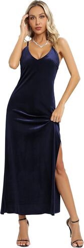 Aigeman Women's Spaghetti Straps Backless Velvet Maxi Dress Elegant Deep V Neck Side Slit Velvet Cocktail Bodycon Dress A040 in Saudi Arabia
