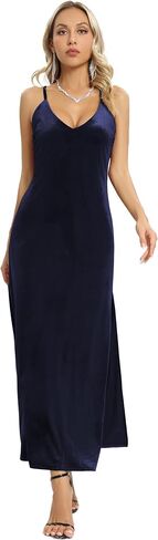 Aigeman Women's Spaghetti Straps Backless Velvet Maxi Dress Elegant Deep V Neck Side Slit Velvet Cocktail Bodycon Dress A040 in Saudi Arabia
