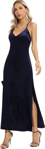 Aigeman Women's Spaghetti Straps Backless Velvet Maxi Dress Elegant Deep V Neck Side Slit Velvet Cocktail Bodycon Dress A040 in Saudi Arabia