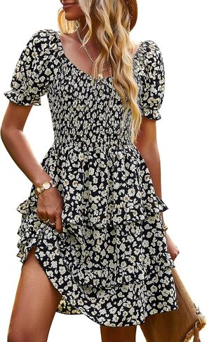 فستان نسائي صيفي قصير برقبة مربعة ومطبوع عليه زهور بوهو مكشوف الأكتاف ومكشكش متدرج in Kuwait