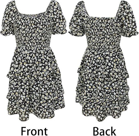 فستان نسائي صيفي قصير برقبة مربعة ومطبوع عليه زهور بوهو مكشوف الأكتاف ومكشكش متدرج in Kuwait