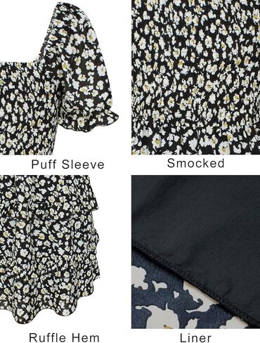 فستان نسائي صيفي قصير برقبة مربعة ومطبوع عليه زهور بوهو مكشوف الأكتاف ومكشكش متدرج in Kuwait