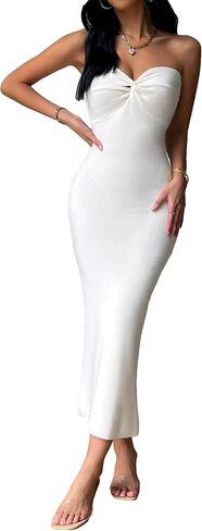 Verdusa Women's Twist Front Split Strapless Ribbed Knit Long Bodycon Tube Dress in Saudi Arabia