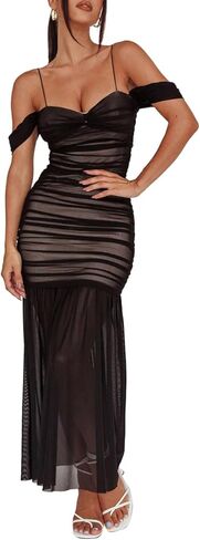 فستان ماكسي نسائي شبكي مكشوف الكتفين مكشكش in Kuwait