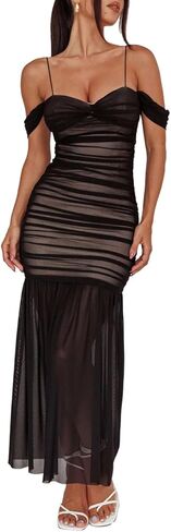 فستان ماكسي نسائي شبكي مكشوف الكتفين مكشكش in Kuwait