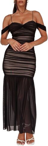 فستان ماكسي نسائي شبكي مكشوف الكتفين مكشكش in Kuwait