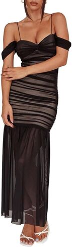 فستان ماكسي نسائي شبكي مكشوف الكتفين مكشكش in Kuwait