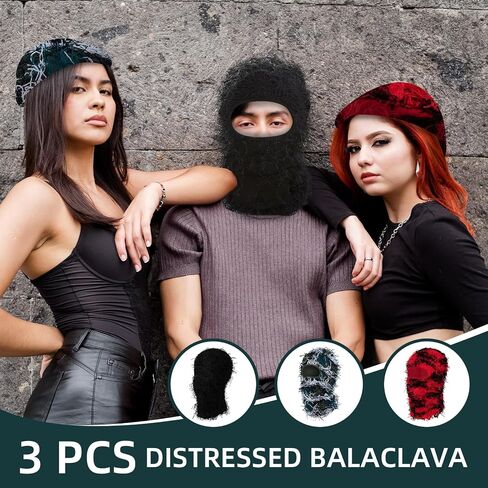 3 Pack Distressed Balaclava Ski Mask, Knitted Full Face Mask Windproof Shiesty Distress Mask Beanie Cap in Saudi Arabia