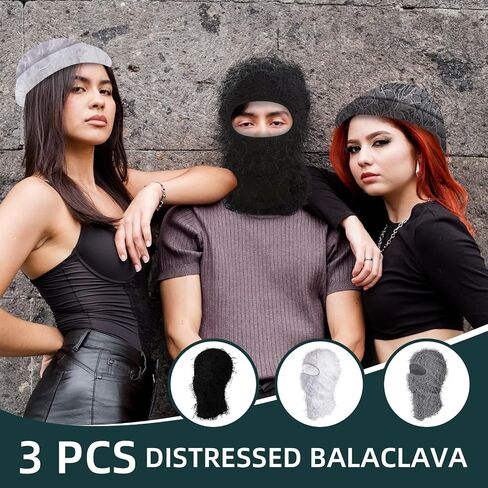 3 Pack Distressed Balaclava Ski Mask, Knitted Full Face Mask Windproof Shiesty Distress Mask Beanie Cap in Saudi Arabia