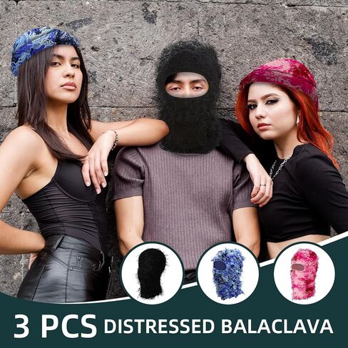 3 Pack Distressed Balaclava Ski Mask, Knitted Full Face Mask Windproof Shiesty Distress Mask Beanie Cap in Kuwait