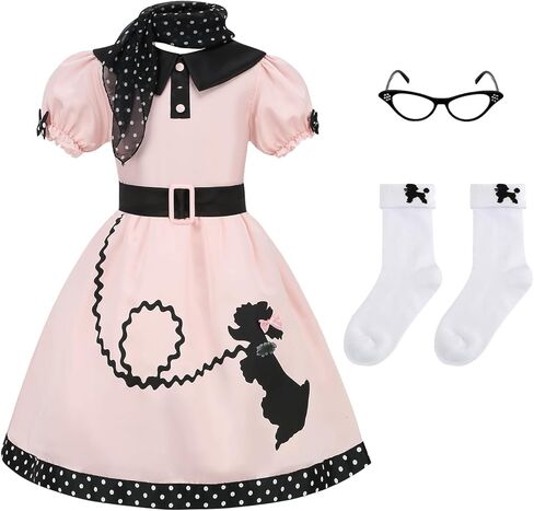 زي yolsun للفتيات باللون الوردي في فترة الخمسينيات مع وشاح مطبوع عليه نقاط بولكا in Kuwait