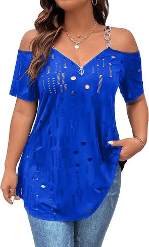 Floerns Women's Plus Size Cold Shoulder Chain Detail Zip Up Casual Tee Shirt in Saudi Arabia
