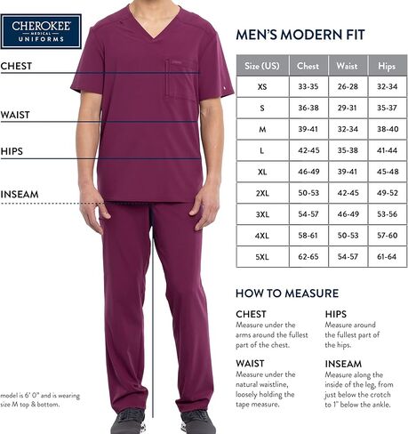 Cherokee Men Scrubs Set Workwear Revolution WW690 Tuckable V-Neck Top & WW140 Fly Front Pant, Wine- S Top/S Pant in Saudi Arabia