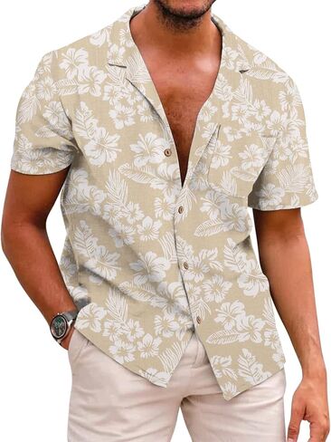 COOFANDY Men Floral Cotton Shirts Front Pocket Short Sleeve Casual Summer Shirts in Saudi Arabia