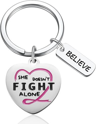 She Doesn’t Fight Alone Keychain Believe Keyring Love Shape Pendant Etched Key Chain GIfts for Women Breast Cancer Fighter Gift, She Not Fight Alone Keychain, S in Kuwait