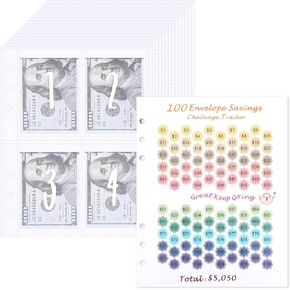 JULBEAR 25 Sheets A5 Binder Inserts, 100 Envelopes Money Saving Challenge with 1 Trackers for A5 6 Ring Budget Binder Savings Binder Accessories Pre-Labeled 1-100 Money Pouches for Cash Stuffing